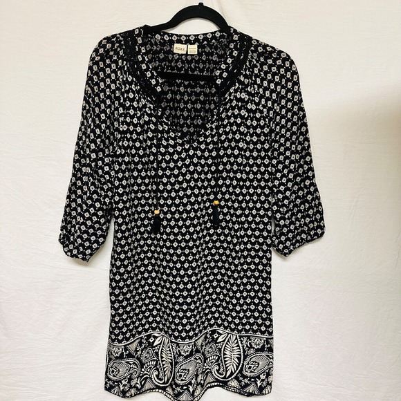 Roxy‎ Tunic Mini Dress Blouse Size XS Boho Beachy Medallion Print Long Sleeve - Picture 1 of 9